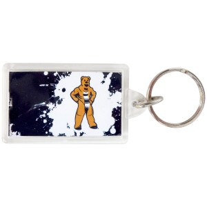 rectangular acrylic keychain with paint splatter and Nittany Lion Mascot